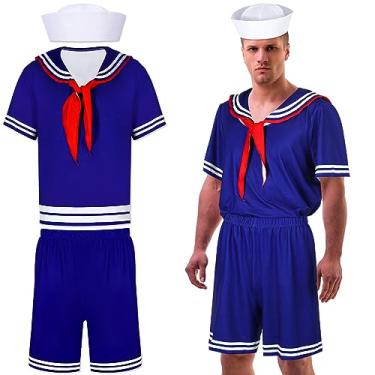 Imagem de Hercicy Conjunto de 4 peças de marinheiro masculino adulto com listras azuis top shorts lenço vermelho chapéu de marinheiro branco, camisas, fantasia de Halloween para adultos cosplay, Azul e branco,