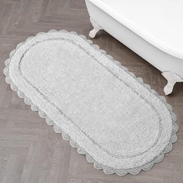 Imagem de Laura Ashley Eloise Tapete de banho oval 100% algodão com borda de crochê, macio e absorvente, cinza geleira, 61 x 152 cm, tapete de banheiro