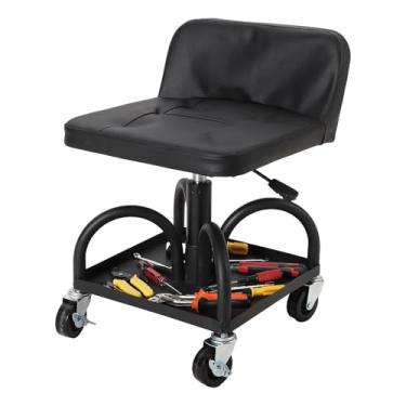 Imagem de Banco mecânico de rolamento, capacidade de 136 kg, banco de loja ajustável de altura de 40.6 cm a 53.3 cm com almofada macia, bandeja de ferramentas e rodas giratórias bloqueáveis de 360° para garagem