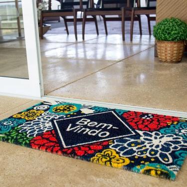 Imagem de Capacho Retangular Fibra De Coco Base PVC 75x45cm - Komeco - Floral Verde