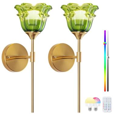 Imagem de Conjunto de 2 arandelas de parede a pilha, vintage com controle remoto RGB, luz de parede recarregável sem fio alimentada por bateria para cabeceira, quarto, sala de estar