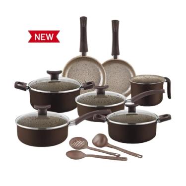 Imagem de Jogo de Panelas 10 Peças Teflon Antiaderente Tampa De Vidro Alças Térmicas e Utensílios (Chococcino)