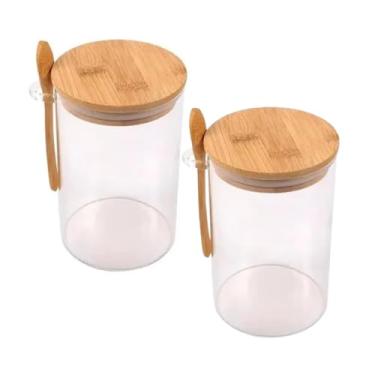 Imagem de Conjunto de 2 Potes de Vidro Borossalicato com Tampa de Bambu e Colher Kit 2 Recipientes Herméticos para Armazenamento de Temperos Açucar Café Sal Linha Premium