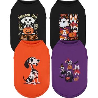 Imagem de XPUDAC Pacote com 4 camisetas de Halloween para cães, esqueleto, abóbora, filhotes, roupas macias, elásticas, para cães pequenos, médios, grandes, meninos, meninas, gatos, 3GG