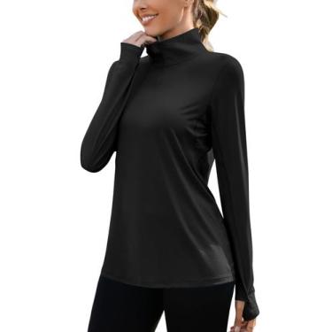 Imagem de Camisa de pesca com proteção UV LUYAA feminina UPF 50+ preta