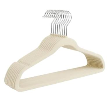 Imagem de Kit 10 Cabides Veludo Antideslizante Reforçado Roupas Delicadas Gancho Giratório Cromado Adulto Bege