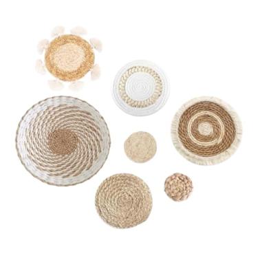 Imagem de Funvalley Surperfect Cestas de parede feitas à mão com tecido boêmio, rattan natural de alga marinha, placas decorativas redondas brancas e marrons para decoração de casa, mesas de mesa, sala de estar