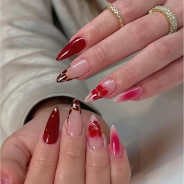 Imagem de Unhas postiças de amêndoas médias RIICFDD vinho tinto unhas falsas flores arte prensa com estampa de leopardo desenhos brilhantes outono unhas postiças cobertura completa cola em unhas para mulheres