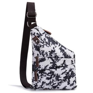 Imagem de Bolsa tiracolo no peito, estampa camuflada digital, lona preta e branca com alça ajustável, Estampa camuflada
