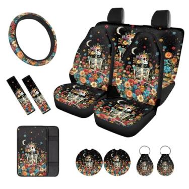 Imagem de Wanzuoeng Conjunto completo de capas de assento automotivas com estampa floral de esqueleto, capas de assento de carro dianteiras e traseiras com capa de volante almofada de console central para