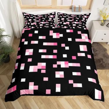 Imagem de Castle Fairy Capa de edredom rosa geométrica tamanho casal, conjunto de cama com tema mineiro, 3 peças para decoração de quarto de crianças, adolescentes e adultos, capa de edredom de grade geométrica