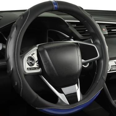 Imagem de Capas de volante de couro, massagem de fibra de carbono antiderrapante, serve para a maioria dos carros Sedan SUV Vans (azul, tamanho padrão [37-38 cm])