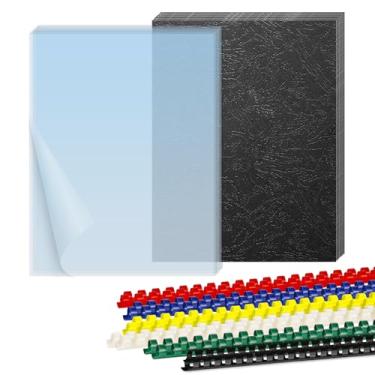 Imagem de HOUYEE Conjunto de capas e pentes para encadernação de papel de 21 x 28 cm, 50 peças de capas de encadernação de papel de textura de couro, 50 peças de capas transparentes de 8 mm e 20 pentes sortidos