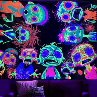 Imagem de Tapeçaria de terror, tapeçaria de luz negra para quarto, multidão de zumbis ao redor de tapeçarias, pôster UV reativo que brilha no escuro, tapeçarias de mortos-vivos, fantasmas, decoração de