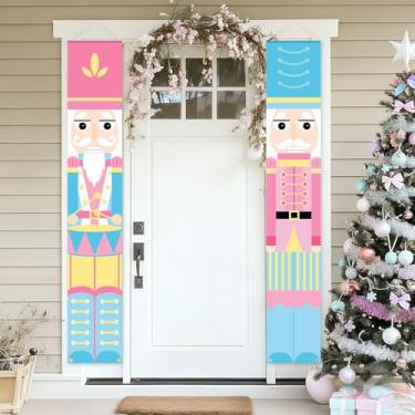 Imagem de Gilprop Placa de 30 cm x 180 cm, 2 peças, pastel, quebra-nozes, soldado para varanda, decoração de Feliz Natal, quebra-nozes rosa, faixa decorativa para pendurar na porta da frente de Natal
