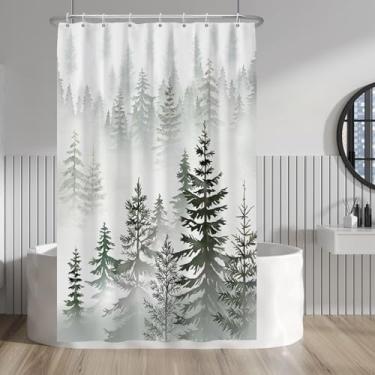 Imagem de Baocicco Cortina de banheiro floresta verde enevoada, tecido impermeável, 122 x 182 cm, natureza, floresta, pinheiros, paisagem, design rústico, cortinas de banho para chuveiro com 8 ganchos para