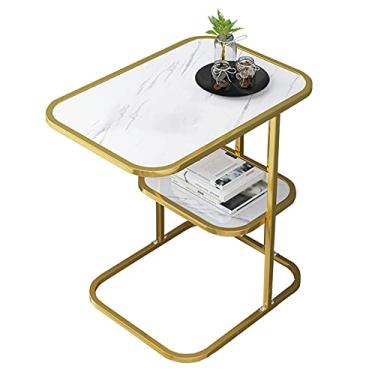 Imagem de Mesa de centro de design simples, mesa de cabeceira redonda, multifuncional, mesa pequena de 2 andares, mesa de centro criativa de mármore de ferro, mesa de café, mesa de centro de metal, mesa lateral