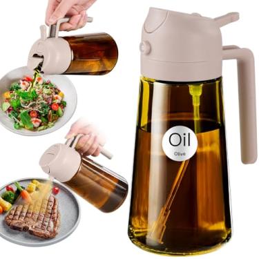 Imagem de YARRAMATE Pulverizador de óleo com bloqueio de luz de 470 ml para cozinhar com adesivos, frasco dispensador de azeite de oliva 2 em 1 de grau alimentício para cozinha, garrafa de óleo de vidro âmbar