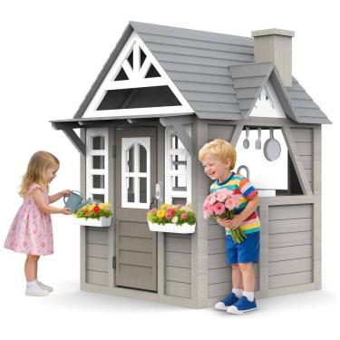 Imagem de Casa de Madeira para Crianças YOFE: Espaçosa e Divertida, com Cozinha, Campainha e Fogão. Ideal para Brincar ao Ar Livre!