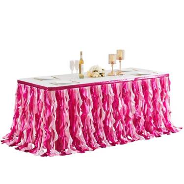 Imagem de Wish Care Saia de mesa de lantejoulas rosa de 1,8 m para mesas retangulares com glitter cacheado salgueiro fúcsia saia tutu toalha de mesa saia de mesa para princesas meninas aniversário chá de bebê