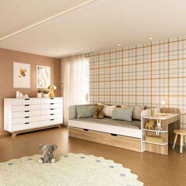 Imagem de Quarto Infantil Cama de Solteiro 3 em 1 e Cômoda 10 Gavetas em MDF Premium Helena e Alice Branco/ Louro Freijó Grann