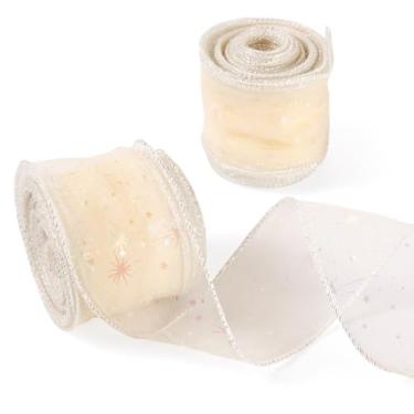 Imagem de 20 jardas bege organza poliéster deco fitas de malha fantasia lantejoulas iridescentes padrão estrela tecido de tule chique rolo rolo tecido para saia fazer embrulho de presente artesanato DIY 2-1/8
