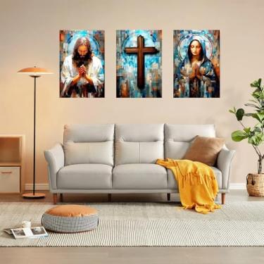 Imagem de 1 conjunto/3 peças arte de parede tríptico religioso - Jesus, cruz e maria em estilo mosaico colorido, 30,5 x 45,7 cm, sem moldura