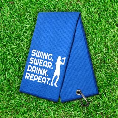 Imagem de Swing Swear Repeat Toalha de golfe waffle engraçada, toalha de golfe azul bordada com clipe, acessórios de golfe para homens, presentes de aposentadoria para amigos, família, chefe, supervisor