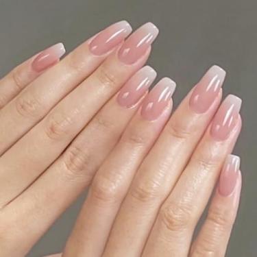 Imagem de Kit Press on Nails Conjunto de unhas postiças médias quadradas ombré nude com design cobertura completa cola em bastão falso artificial em unha acrílica para mulheres uso diário, 24 peças