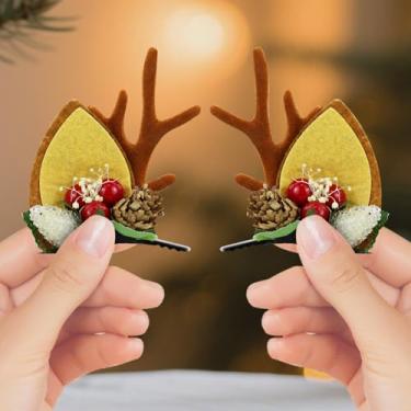 Imagem de 2 peças de grampos de cabelo de Natal para mulheres, acessórios práticos de cabelo de férias com chifres de rena, acessórios de cabelo fofos de Natal para festas, reuniões de férias e cabines de fotos