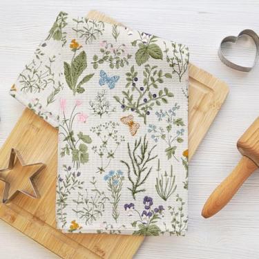 Imagem de Toalhas de cozinha florais botânicas 61 x 35 cm, toalha de prato de microfibra durável borboleta dente-de-leão, toalha de chá de mão waffle para cozinha, casa de banho, decoração de casa de fazenda
