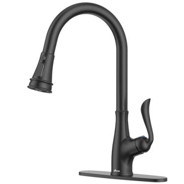 Imagem de Torneira de cozinha APPASO com alça única com pulverização de 3 funções, aço inoxidável escovado níquel alto arco único puxador para fora torneira de pia de cozinha com placa de deck, série 148, Matte Black