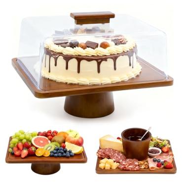 Imagem de welsteepse Suporte de bolo de madeira com tampa, suporte retangular de bolo, conjunto de exibição de mesa de sobremesa 2 em 1 e tábua de charcutaria para queijo, bandeja de servidor de frutas para