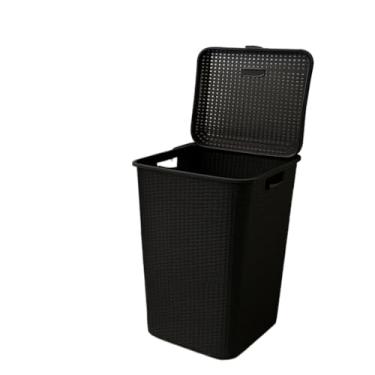 Imagem de Cesto de Roupas Plástico com Tampa 70L Estilo Rattan para Lavanderia e Banheiro (preto)