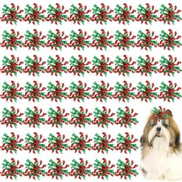 Imagem de SilTriangle 50 peças de laços de cabelo de cachorro encaracolado de Natal com faixas de borracha para o Natal, acessórios de cabelo de Natal para cães pequenos e médios (estilo único)