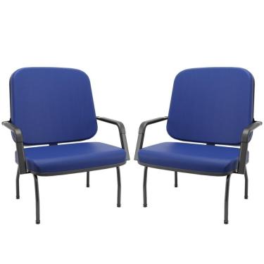 Imagem de Kit 02 Cadeiras De Escritório Recepção Com Braço Fixa Preta Magno P03 Vinil Azul - Lyam Decor