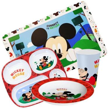 Imagem de Kit Refeição Infantil Mickey Mouse Disney 4 Peças Melamina Prato, Bandeja, Copo E Lugar Americano