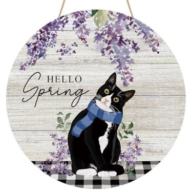 Imagem de YINENA Placa De Porta Madeira Com Estampa Floral Lavanda E Gato Hello Spring Para Áreas Externas, Varanda, Feriados, Fazenda, Decoração Parede Interna