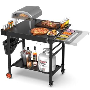 Imagem de AOKEMAi Mesa de grelha para fornos de pizza, mesa de forno de pizza Ninja com mesa extensível, suporte durável para carrinho de churrasqueira ao ar livre com estação de cobertura de preparação de