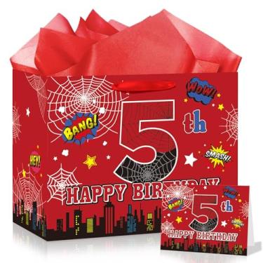Imagem de Saco de presente de aniversário de 5 anos de aranha para meninos, grande, vermelho, preto, 5 anos, sacos de feliz aniversário com papel de seda e cartão comemorativo para crianças de 5 anos de idade