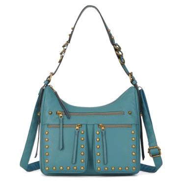 Imagem de KL928 Bolsa de ombro grande Hobo feminina de couro sintético macio, bolsa moderna com alça ajustável, Cinza, azul