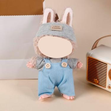 Imagem de Compatível com Labubu (sem boneca) - cinza claro - conjunto minimalista azul (faixa de cabeça de malha + top de malha + macacão com botões), roupas de boneca de 15 cm/17 cm (cinza claro - azul)