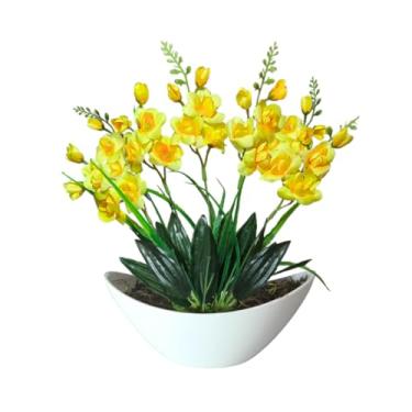 Imagem de Arranjo de Orquídea Artificial Luxuoso com Vaso Barca em Melamina - Decoração Sofisticada para Ambientes Internos e Externos(Vanda Amarela)