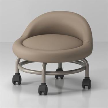 Imagem de Banqueta giratória de couro PU com rodas e encosto – Banco de assento baixo acolchoado com esponja para uso doméstico ou escritório (tamanho único)