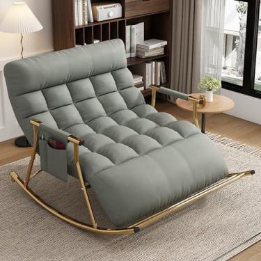 Imagem de FENOKD Cadeira reclinável de balanço bege moderna para sala de estar e ambiente externo com bolsos laterais e apoios de braço, design elegante de tubo dourado para quartos duplos (tubo dourado cinza