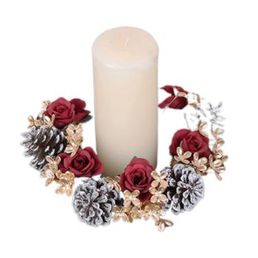 Imagem de Guirlanda de vela de Natal | Guirlanda de velas de pinhas, anel de vela artificial | Decoração de Natal com neve e pilar, guirlanda de mesa rústica para o Natal