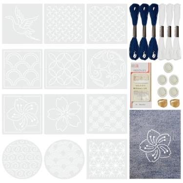 Imagem de FREEBLOSS Conjunto de 123 peças de estênceis Sashiko, kit de modelos de bordado, inclui 12 estênceis de PET diferentes, 72 linhas de costura, 32 agulhas, 5 berços de dedo, 2 dedais para costura, kit