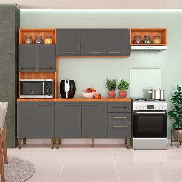 Imagem de Cozinha Compacta com Tampo Malu 9 Portas 2 Gavetas Cinamomo e Grafite