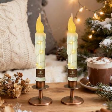 Imagem de Velas curtas sem chamas com temporizador, castiçais operados por bateria de cera real com cordão de luzes, cintilantes realistas, luz falsa, branca, velas afuniladas de LED para decoração de casa