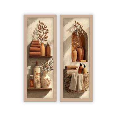 Imagem de Kit 2 quadros 18x45 banheiro, lavabo vasos, flor terracota- Decoração Moderna para Banheiro, Lavabo e Corredor(Carvalho)